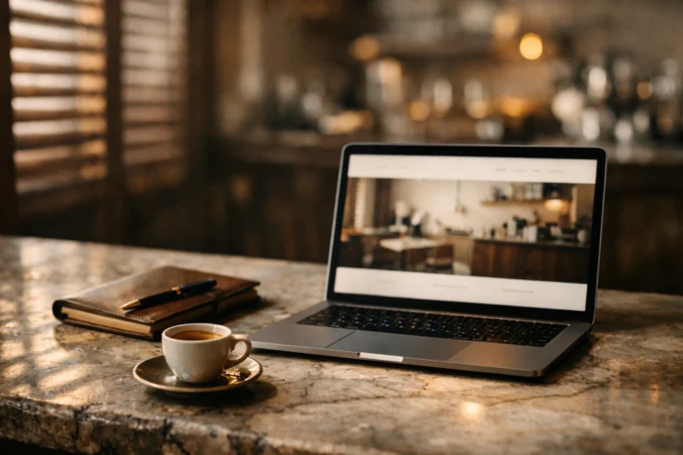 Café website Italy — laptop on marble counter beside espresso cup, morning light through wooden shutters