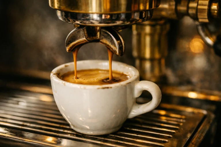 How much does it cost to open a café in Italy — espresso pulling from brass Italian machine into demitasse cup