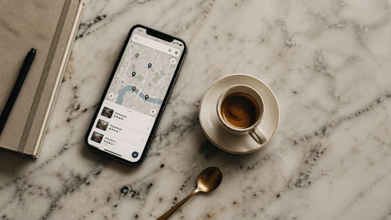 How to get cafe on google maps — overhead view of a smartphone showing a Google Maps search beside an espresso cup on a marble counter
