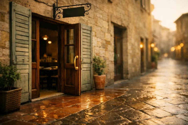 How to open a café in Italy — honey-stone façade with wooden doors, brass handle catching morning light