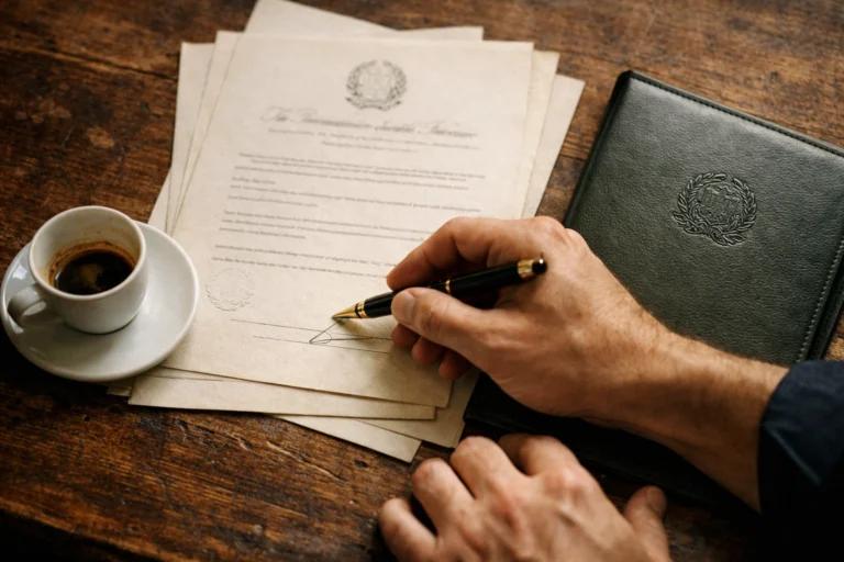 Italian café licensing requirements — hands signing official documents at wooden desk beside espresso cup