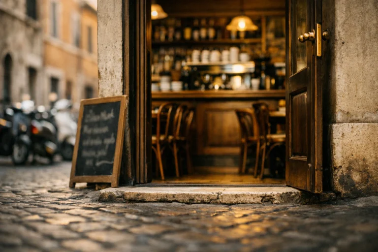 Mistakes opening a café in Italy — quiet empty café viewed through open doorway from cobbled street