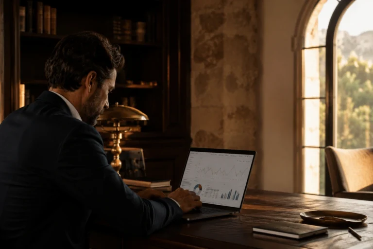 commissioni booking.com — albergatore analizza strategia prenotazioni dirette su laptop, luce pomeridiana, scrivania in legno scuro