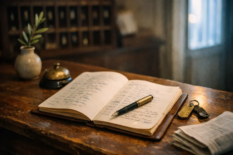 A leather guest ledger open on a hotel reception desk — the relationship hotel direct booking actually pays back.