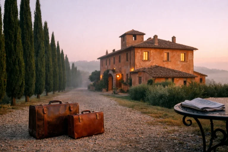 A hotel direct booking strategy starts with patience — Tuscan villa at dawn, suitcases ready, no guests yet arrived.