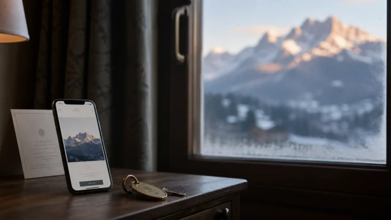 hotel website Italy — boutique hotel desk with smartphone showing direct booking homepage at dawn