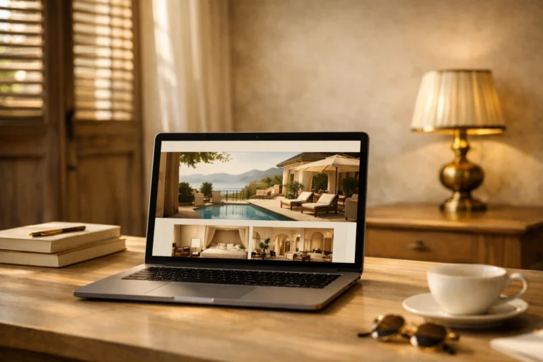 sito hotel conversione — laptop con sito hotel boutique italiano aperto, luce naturale pomeridiana, scrivania in legno