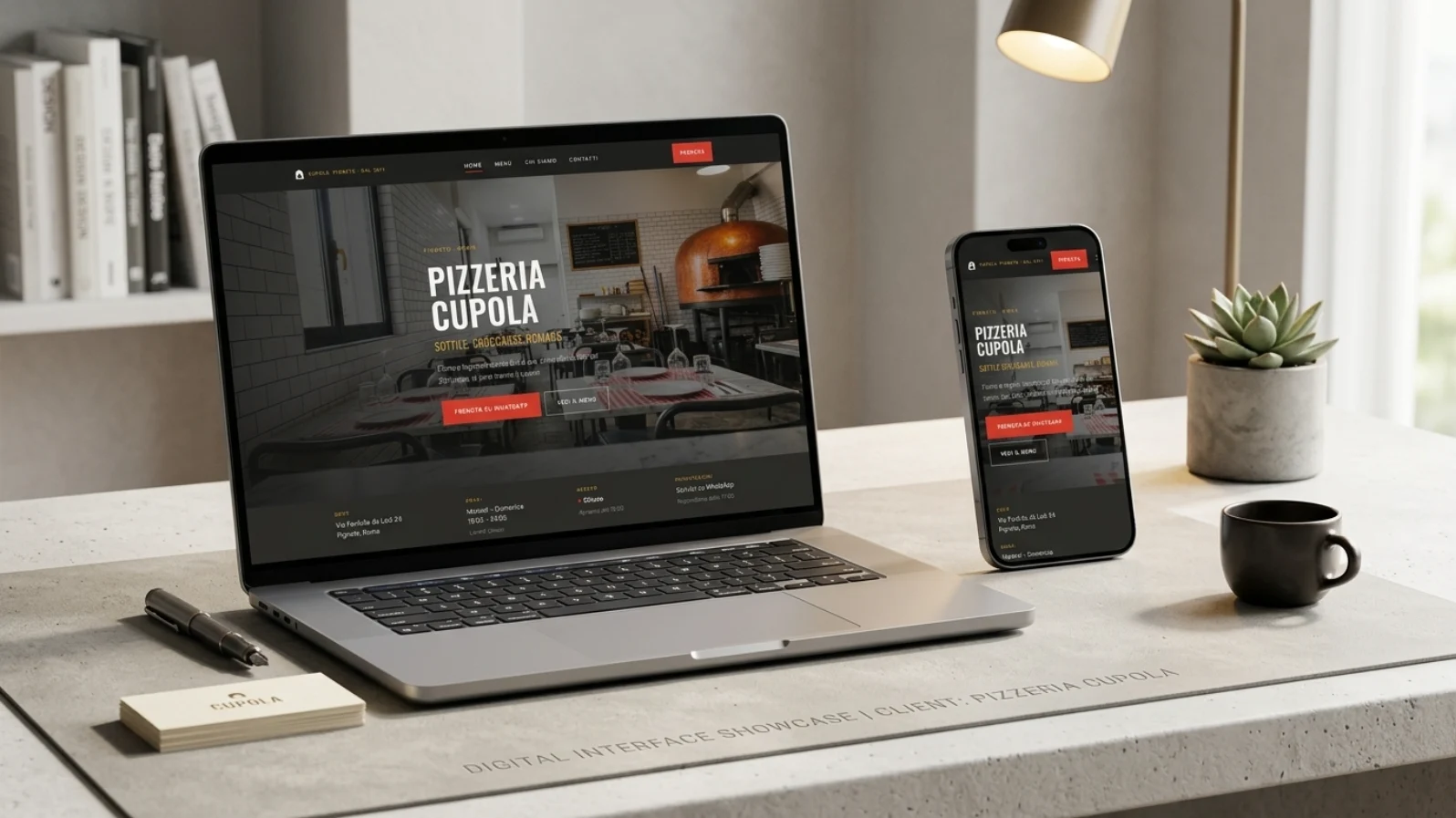 Pizzeria Cupola website shown on a laptop and phone