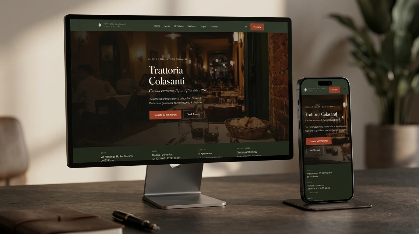 Trattoria Colasanti website shown on a desktop monitor and phone